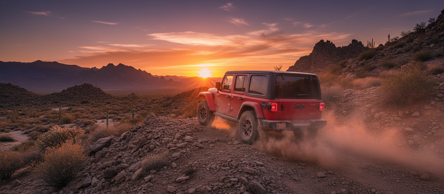 Jeep Wrangler Rubicon off-roading on rocky terrain near Hemet.