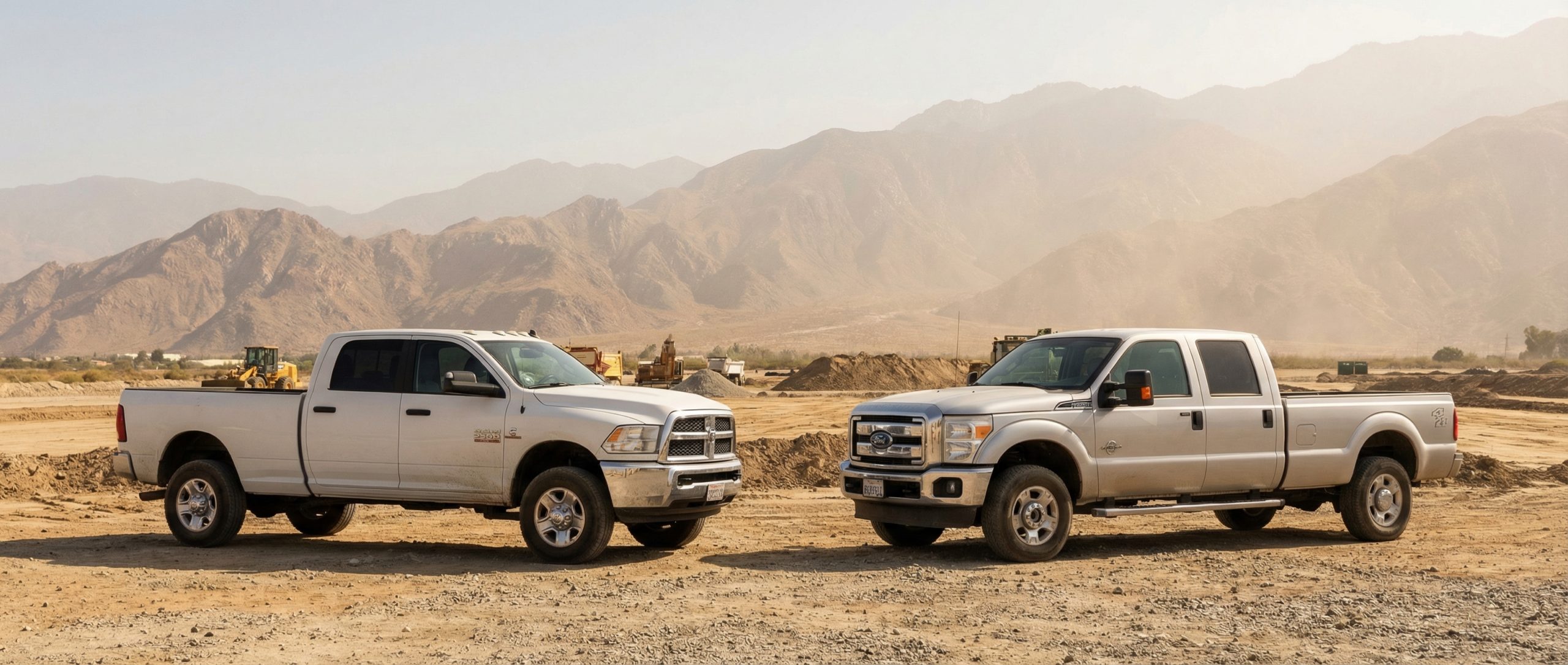 Ram 2500 towing a flatbed trailer through Hemet construction site.